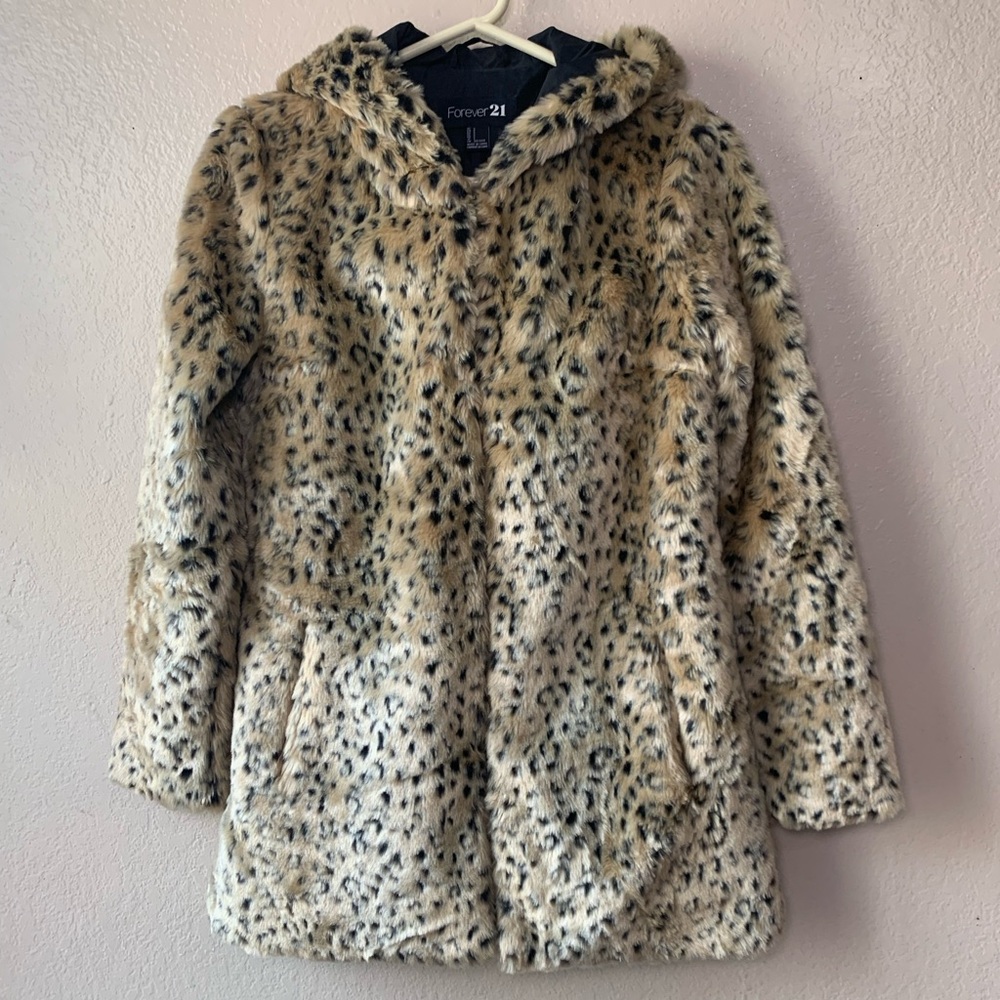 FOREVER 21 Cheetah Print Faux Fur Hooded Mob Wife Boho Jacket Size S